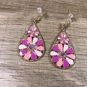 Bohemian Floral Pink and Gold Teardrop Earrings